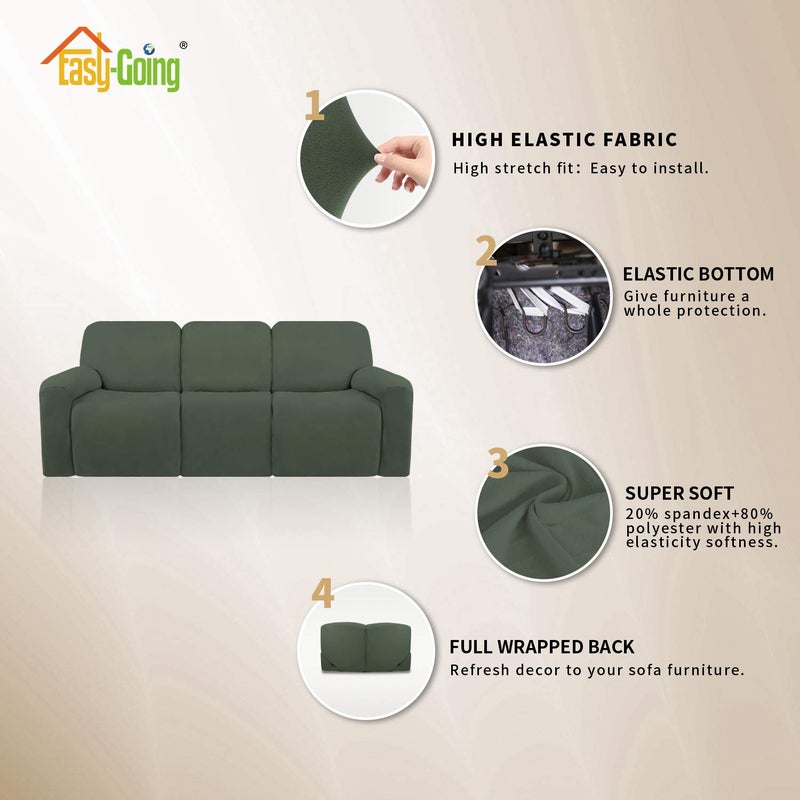 Easy-Going 8 Pieces Microfiber Stretch Sectional Recliner Sofa Slipcover Soft Fitted Fleece 3 Seats Couch Cover Washable Furniture Protector with Elasticity for Kids Pet(Recliner Sofa, Greyish Green) - Image 4